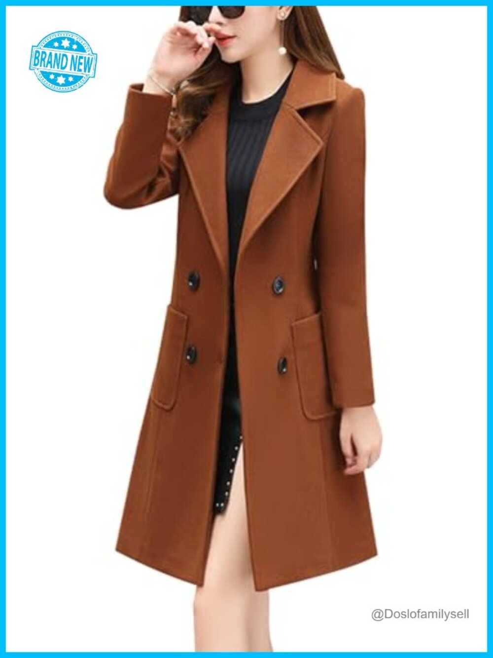 Women's Double Breasted Wool Blend Notch Collar Knee Length Pea Coat